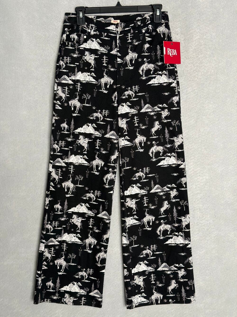 Reba Cowboy Print Jeans Twill Wide-Leg Black Women's Size 2 NEW